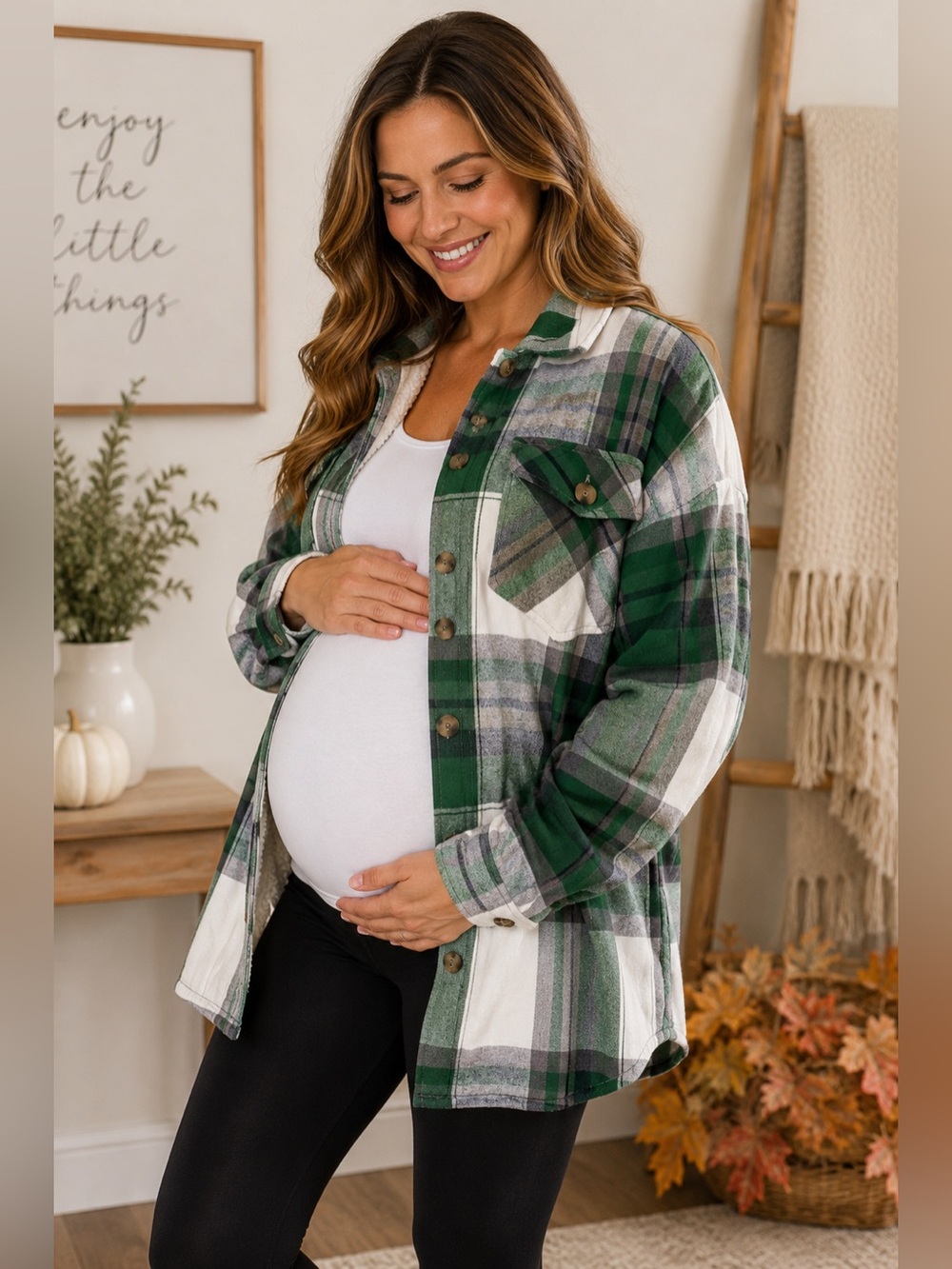 Eden & Olivia Maternity Green Plaid Sherpa Lined Flannel Shacket Medium Fall